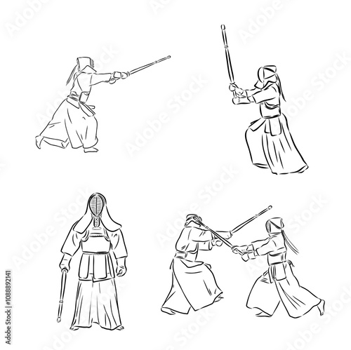 black and white sketch kendo samurai vector