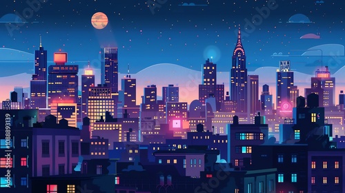 A stylized cityscape at night with glowing lights. photo