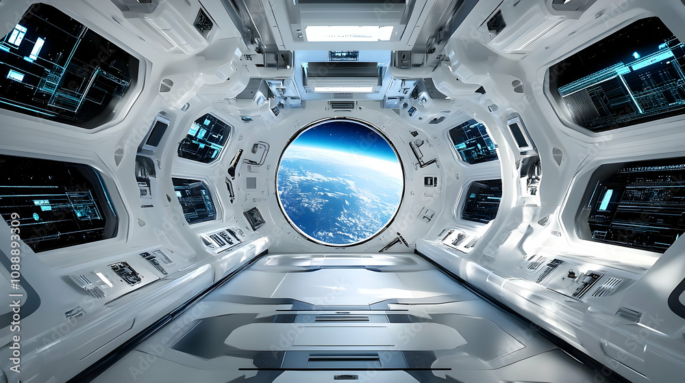 Naklejka premium A Futuristic Spaceship Corridor With a Large Round Window Showing Earth from Space