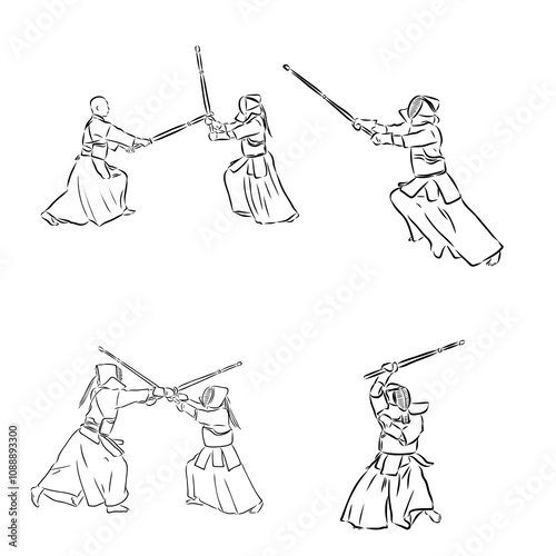 black and white sketch kendo samurai vector