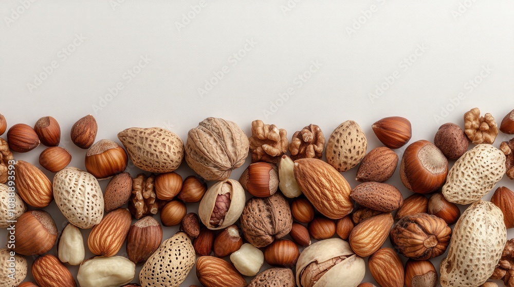 High-Angle Close-Up of Assorted Nuts on White Background Almonds, Walnuts, Hazelnuts, Pistachios, and Peanuts - Perfect for Healthy Eating and Food Blog Imagery High-Angle Close-Up of Assorted Nuts on White Background Almonds, Walnuts, Hazelnuts, Pistachios, and Peanuts - Perfect for Healthy Eating and Food Blog Imagery