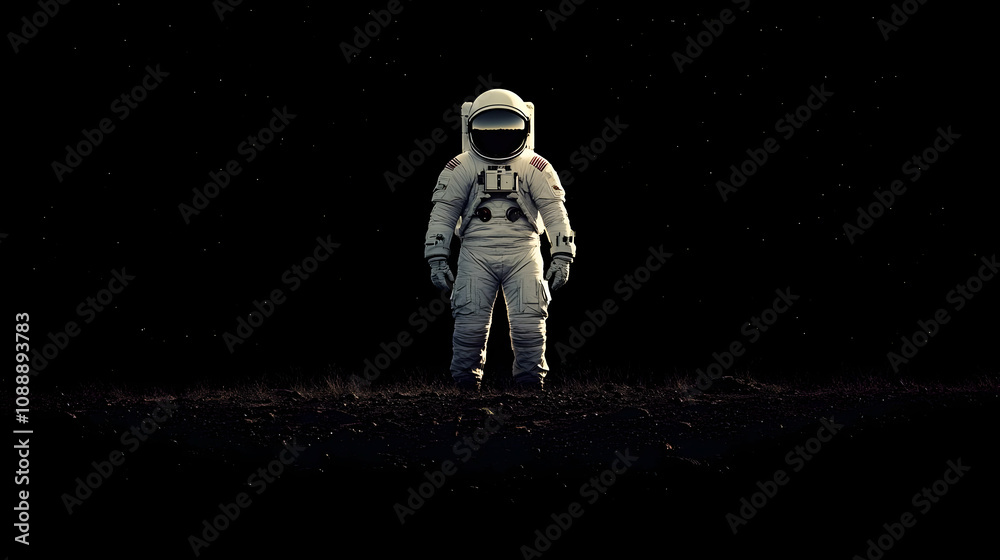 Obraz premium A lone astronaut stands on a dark, rocky surface with a starry sky above, a dramatic and atmospheric image.
