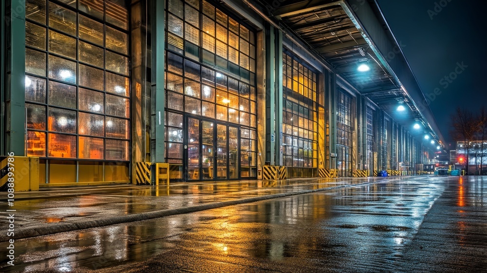 A nighttime industrial scene featuring large windows and wet pavement reflecting light. A nighttime industrial scene featuring large windows and wet pavement reflecting light.