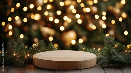 Cozy Christmas Background with Wooden Display and Soft Bokeh Lights