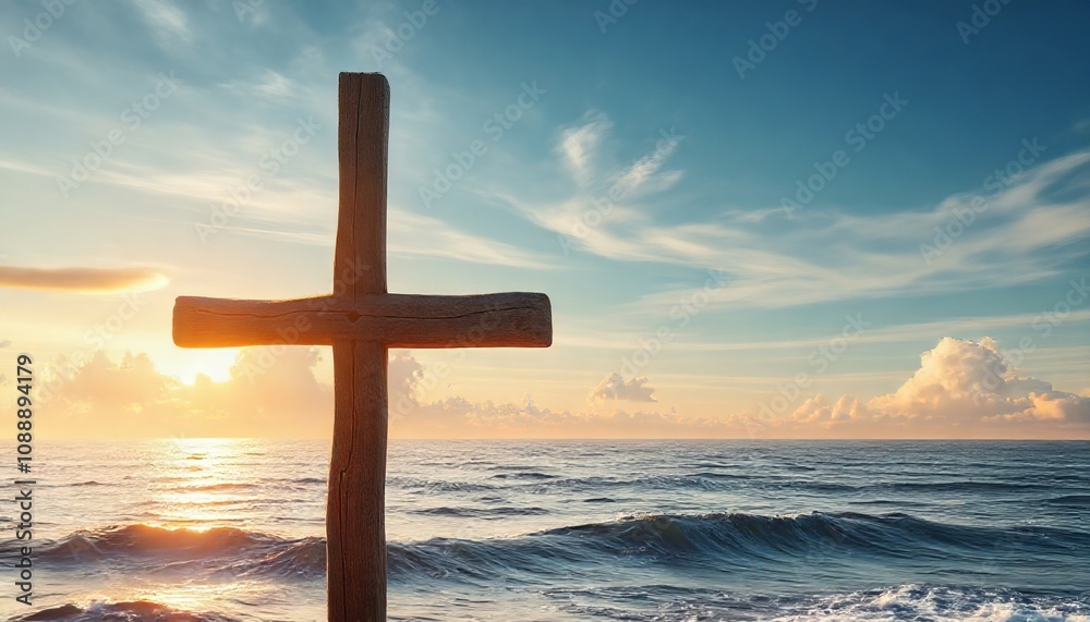 Wooden christian cross symbol of faith and love on horizon sky with flowing wave good friday Wooden christian cross symbol of faith and love on horizon sky with flowing wave good friday
