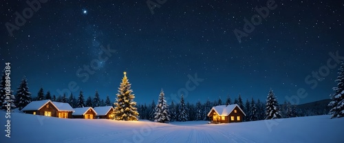 Christmas village in a starry night, lapland landscape, christmas village covered by snow with christmas trees, Santa Claus village wallpaper	