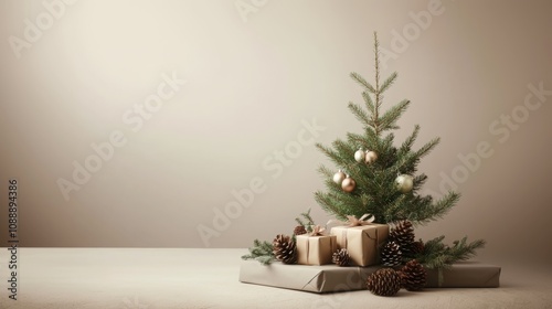 Close-up of a small Christmas tree with gifts on a table. photo