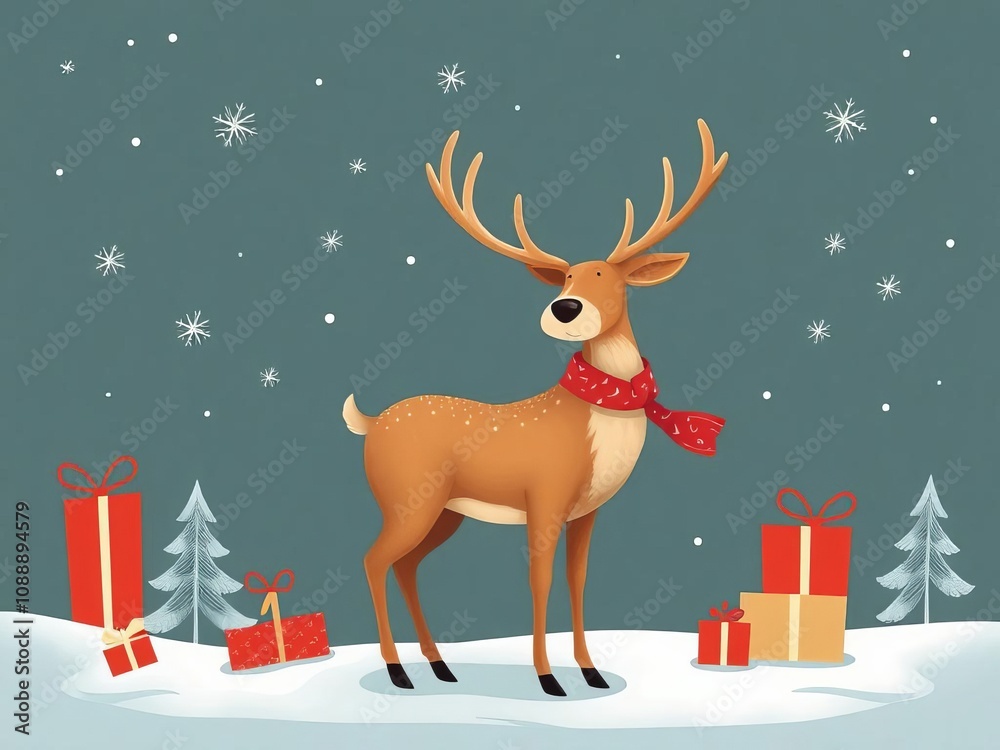 A cartoon deer with antlers is standing on a snowy hill A cartoon deer with antlers is standing on a snowy hill