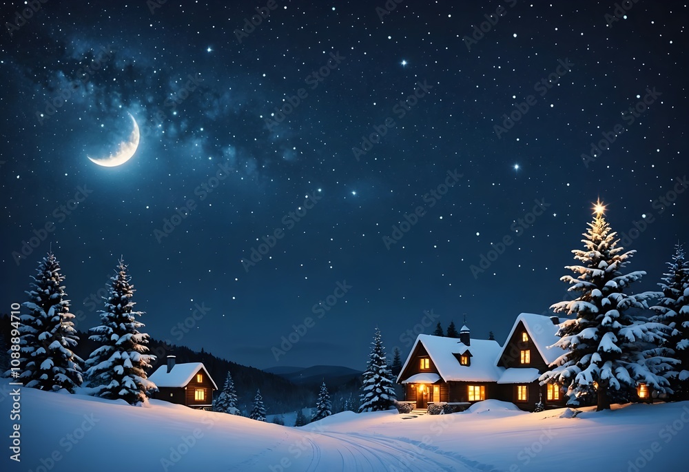 Naklejka premium Christmas village in a starry night, lapland landscape, christmas village covered by snow with christmas trees, Santa Claus village wallpaper 