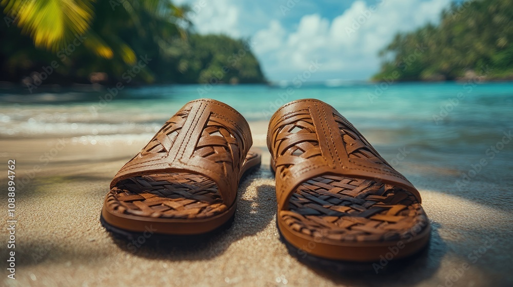 Naklejka premium Brown leather sandals on a tropical beach.