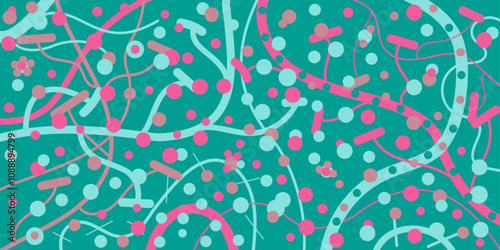 Abstract style geometric blue, pink background with lines and dots. Hand drawn multicolored vector illustration for cards, business, banners, wallpaper, textile, wrapping. Editable stroke	