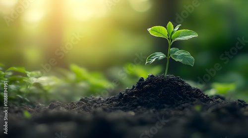 A Small Green Sapling Grows Upwards in the Soil Against a Blurry Background of Green and Yellow Sunlight.