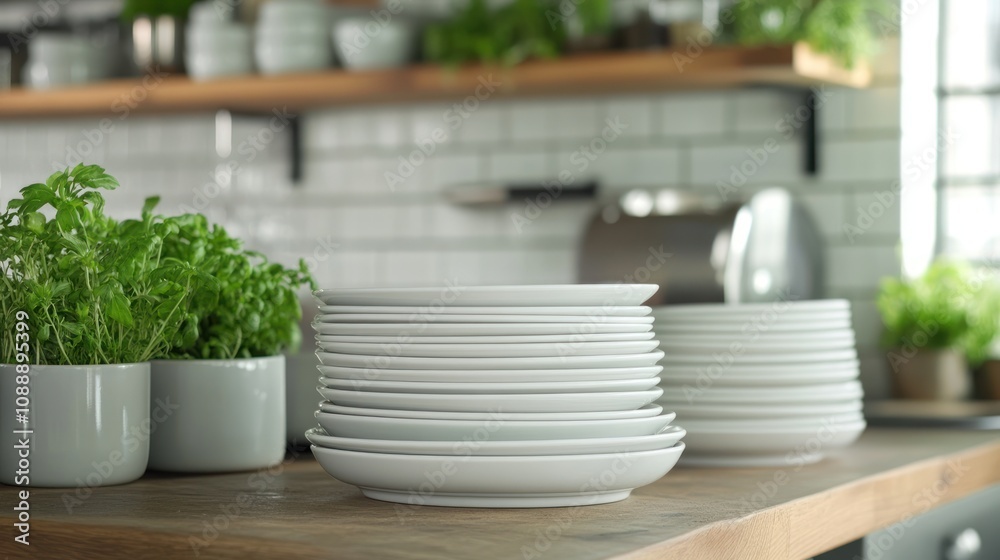 Clean plates on kitchen counter.