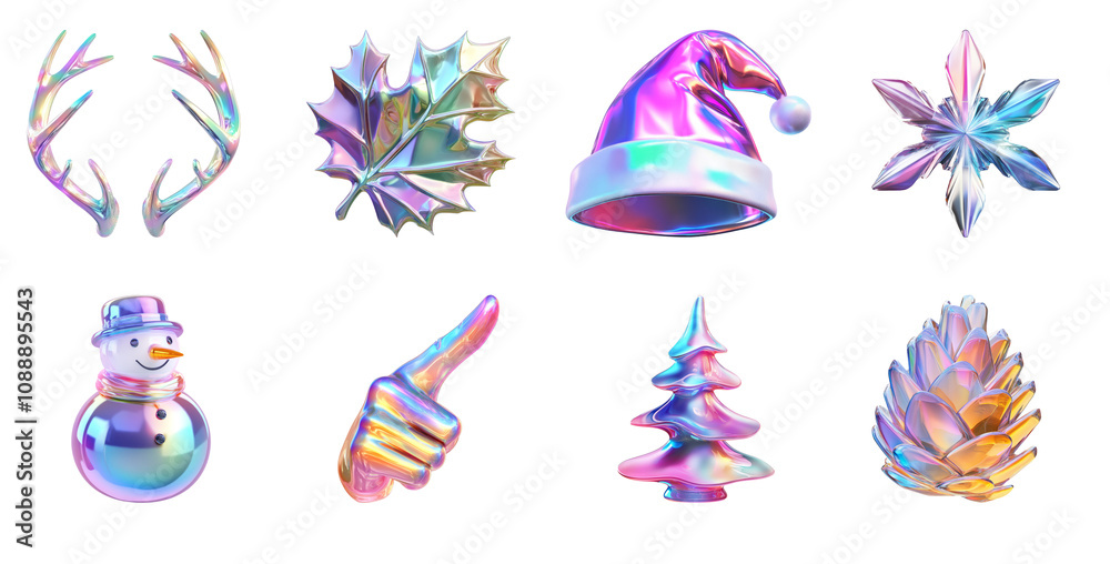 Abstract iridescent colored festive christmas icons. Holographic neon foil design elements Abstract iridescent colored festive christmas icons. Holographic neon foil design elements