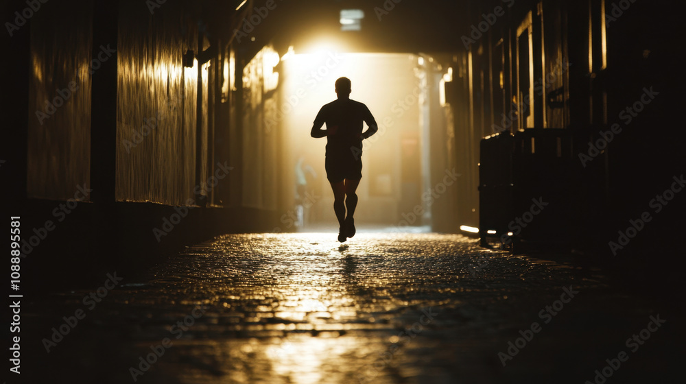 runner silhouette in urban area, illuminated by soft light, creates dynamic and inspiring scene. atmosphere is energetic and motivating