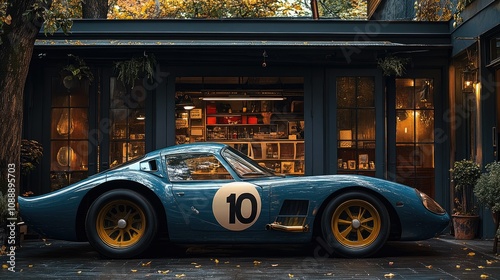 Classic blue vintage race car parked outside a garage.