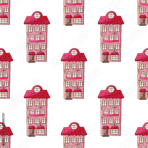 Seamless pattern with decorative colorful houses