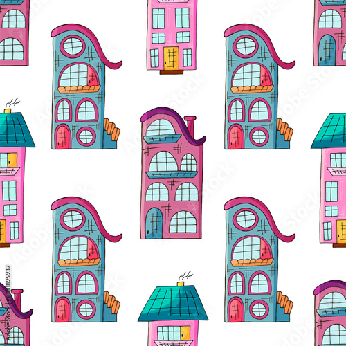 Seamless pattern with decorative colorful houses