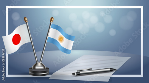 Japan and Argentina Small national flag on bokeh background, cooperative relationship