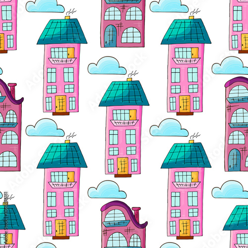 Seamless pattern with decorative colorful houses