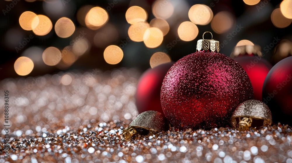 Shimmering Red Christmas Ornaments on Glittering Surface with Soft Bokeh Background Creating a Festive Atmosphere of Joy and Celebration Shimmering Red Christmas Ornaments on Glittering Surface with Soft Bokeh Background Creating a Festive Atmosphere of Joy and Celebration