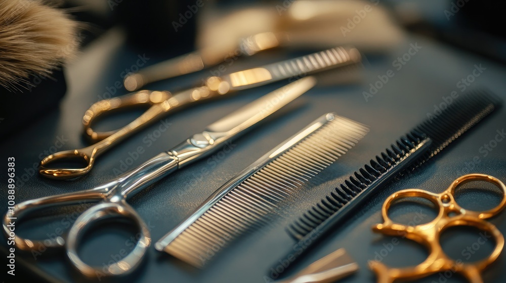 Hair tools including scissors, clips, and a comb, laid out neatly on a professional salon workstation. Hair tools including scissors, clips, and a comb, laid out neatly on a professional salon workstation.