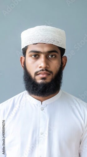 A Bangladeshi man in traditional attire gazes serenely against a minimalist blue backdrop