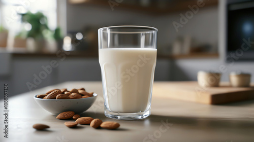 A refreshing glass of almond milk served with raw almonds on a wooden table, perfect for healthy living and nutritious diets.