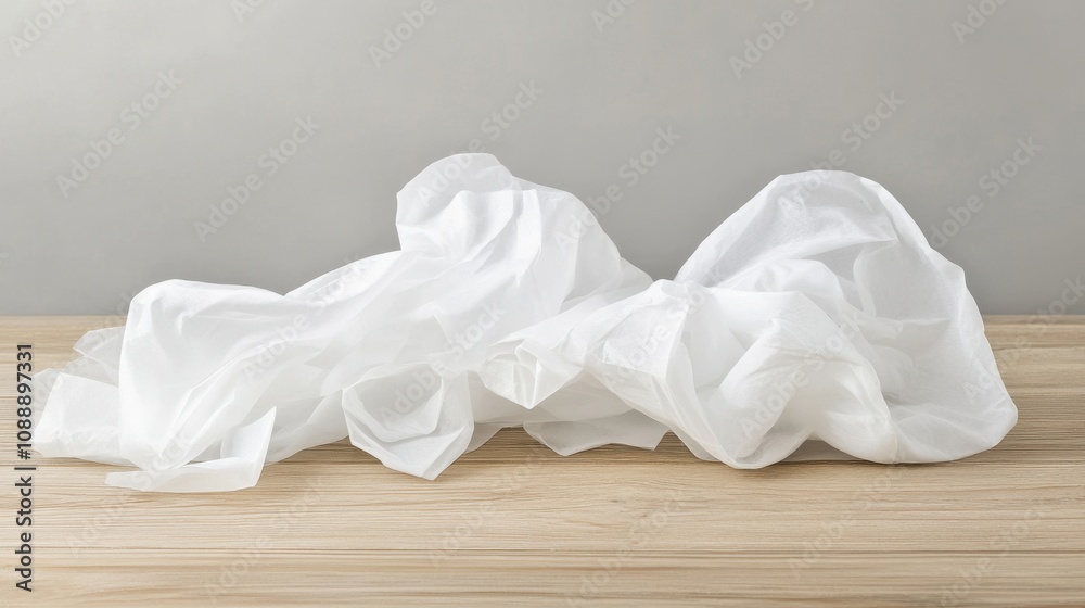 Lightly crumpled pieces of tissue spread out on a table, showcasing realistic folds. Lightly crumpled pieces of tissue spread out on a table, showcasing realistic folds.