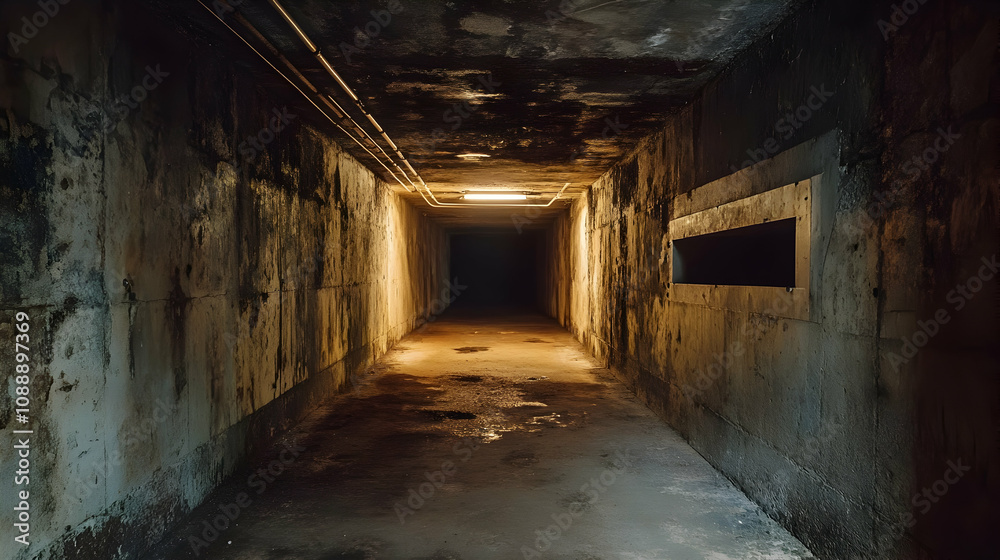 Long Underground Tunnel Illuminated By Dim Lights, Displaying A Grungy Industrial Aesthetic With Symmetrical Architecture. Generative AI Long Underground Tunnel Illuminated By Dim Lights, Displaying A Grungy Industrial Aesthetic With Symmetrical Architecture. Generative AI