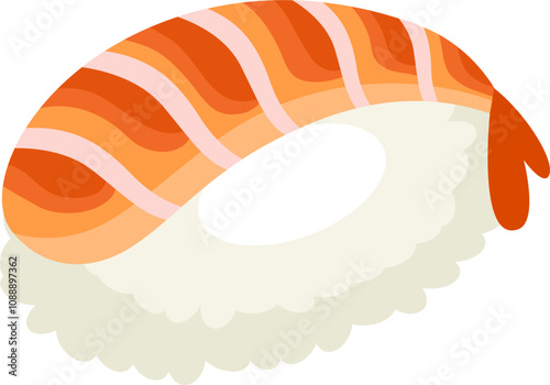 Ebi Sushi Nigiri Cartoon.  Ebi, hand-shaped sushi.  A fresh shrimp sushi.  Shrimp sushi nigiri.  Traditional Japanese food. 