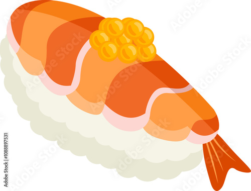 Ebi Sushi Nigiri Cartoon.  Ebi, hand-shaped sushi.  A fresh shrimp sushi.  Shrimp sushi nigiri.  Traditional Japanese food. 