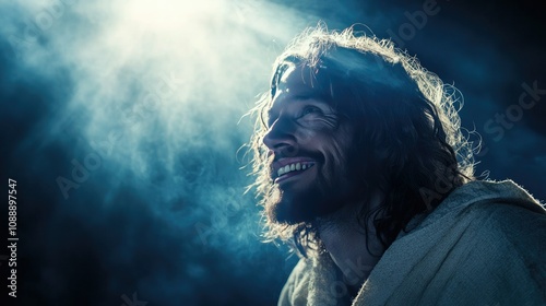 Jesus Christ smiling warmly with a blue radiant light around Him, exuding spiritual peace and divine happiness, ideal for Christianity themes with copy space on side.