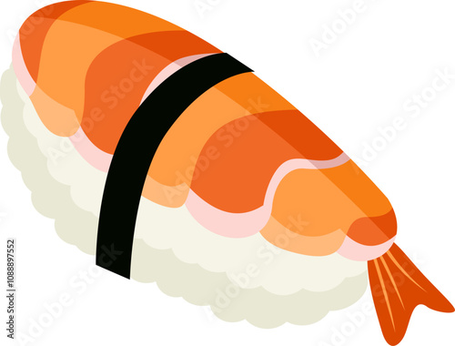 Ebi Sushi Nigiri Cartoon.  Ebi, hand-shaped sushi.  A fresh shrimp sushi.  Shrimp sushi nigiri.  Traditional Japanese food. 
