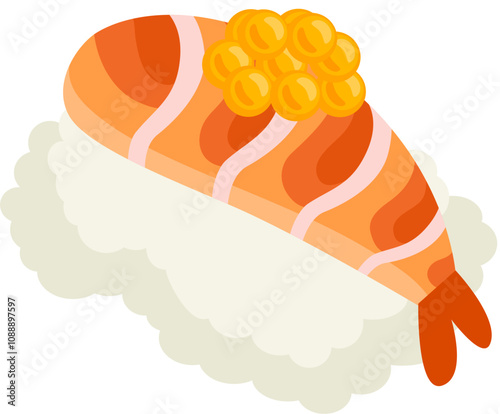 Ebi Sushi Nigiri Cartoon.  Ebi, hand-shaped sushi.  A fresh shrimp sushi.  Shrimp sushi nigiri.  Traditional Japanese food. 