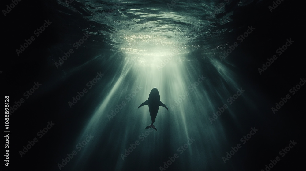 Silhouette of Shark Beneath Sunlit Ocean Surface in Deep Waters Silhouette of Shark Beneath Sunlit Ocean Surface in Deep Waters