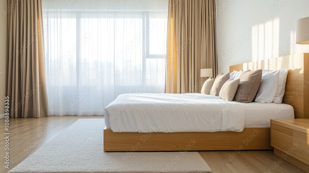 Modern platform bed in a minimalist bedroom, featuring clean lines and natural wooden elements.
