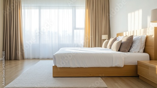 Modern platform bed in a minimalist bedroom, featuring clean lines and natural wooden elements.