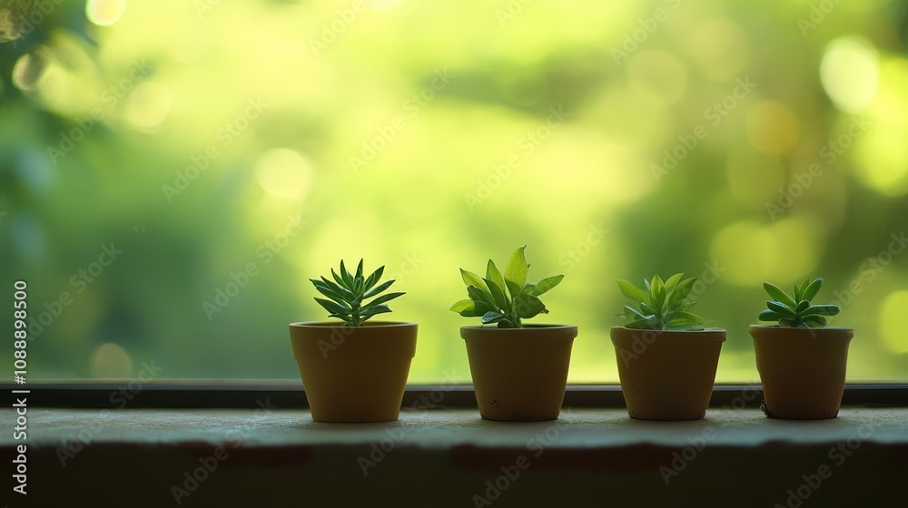 Four small potted plants on windowsill. Four small potted plants on windowsill.