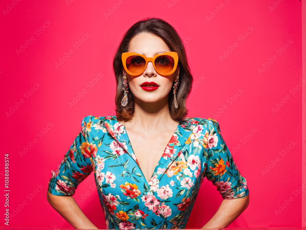 A vibrant portrait of a woman in a floral dress and retro sunglasses, standing confidently against a bold pink backdrop, exuding vintage elegance. Generative AI A vibrant portrait of a woman in a floral dress and retro sunglasses, standing confidently against a bold pink backdrop, exuding vintage elegance. Generative AI