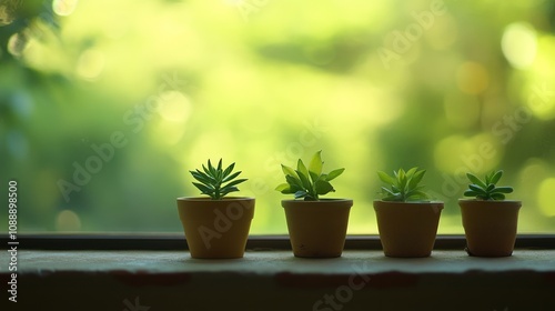 Wallpaper Mural Four small potted plants on windowsill. Torontodigital.ca