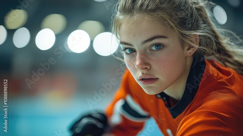 Close-up portrait of a determined young female hockey player in an arena.