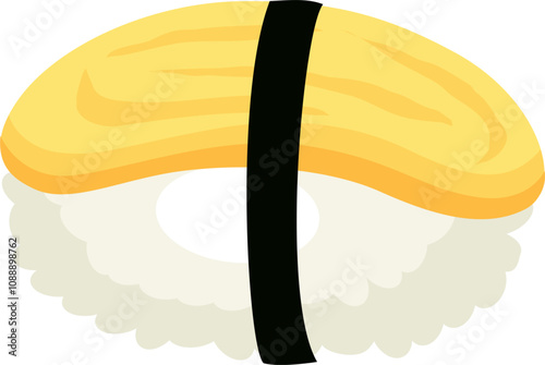 Tamago Nigiri Cartoon. Tamago Sushi.  Japanese Food Tamago Sushi. Tamago Nigiri delicious sushi icon. Simple and delicious tamago sushi.

