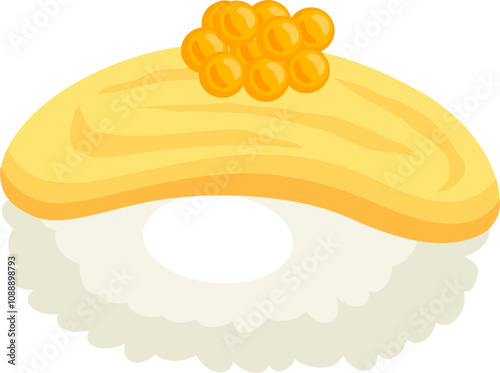 Tamago Nigiri Cartoon. Tamago Sushi.  Japanese Food Tamago Sushi. Tamago Nigiri delicious sushi icon. Simple and delicious tamago sushi.
