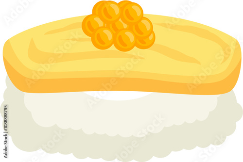 Tamago Nigiri Cartoon. Tamago Sushi.  Japanese Food Tamago Sushi. Tamago Nigiri delicious sushi icon. Simple and delicious tamago sushi.
