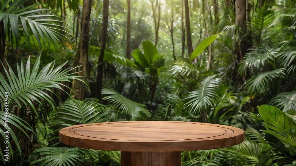Serene empty round wooden table podium on lush green tropical rainforest, forest woodland product placement tabletop for advertising advertisement branding promotion commercial Serene empty round wooden table podium on lush green tropical rainforest, forest woodland product placement tabletop for advertising advertisement branding promotion commercial