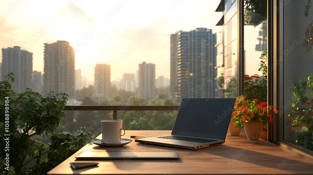 Obraz premium Morning office setup with laptop and coffee on a balcony overlooking city park blending urban energy and nature Copy space