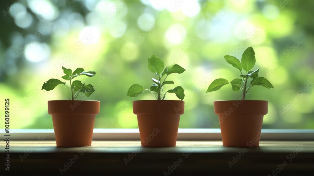 Three small plants in terracotta pots on a windowsill. Three small plants in terracotta pots on a windowsill.