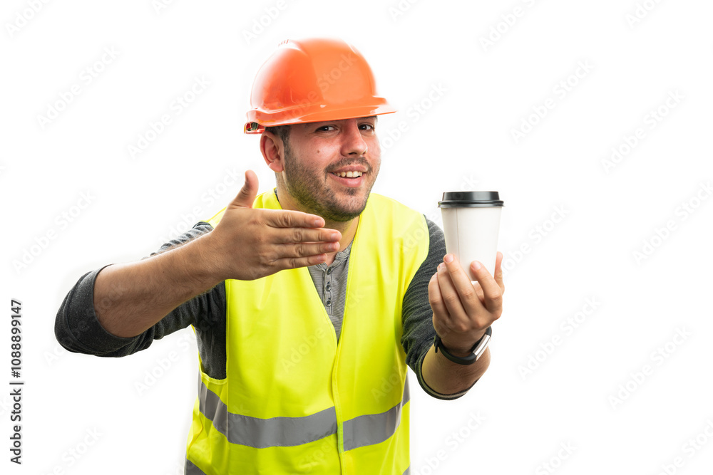 Smiling builder man presenting coffee in paper to-go cup Smiling builder man presenting coffee in paper to-go cup