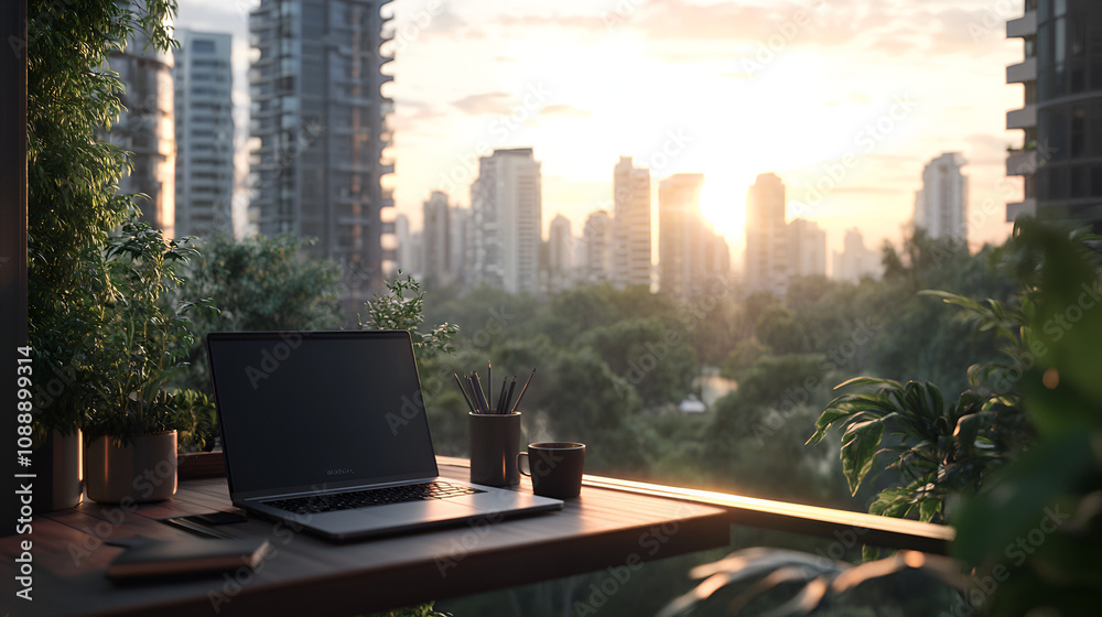 Morning office setup with laptop and coffee on a balcony overlooking city park blending urban energy and nature Copy space Morning office setup with laptop and coffee on a balcony overlooking city park blending urban energy and nature Copy space